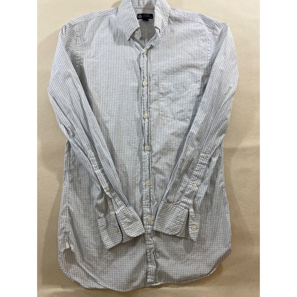 J.Crew Mens XS Blue White Grid Check 120s 2-Ply Cotton Button Down Shirt